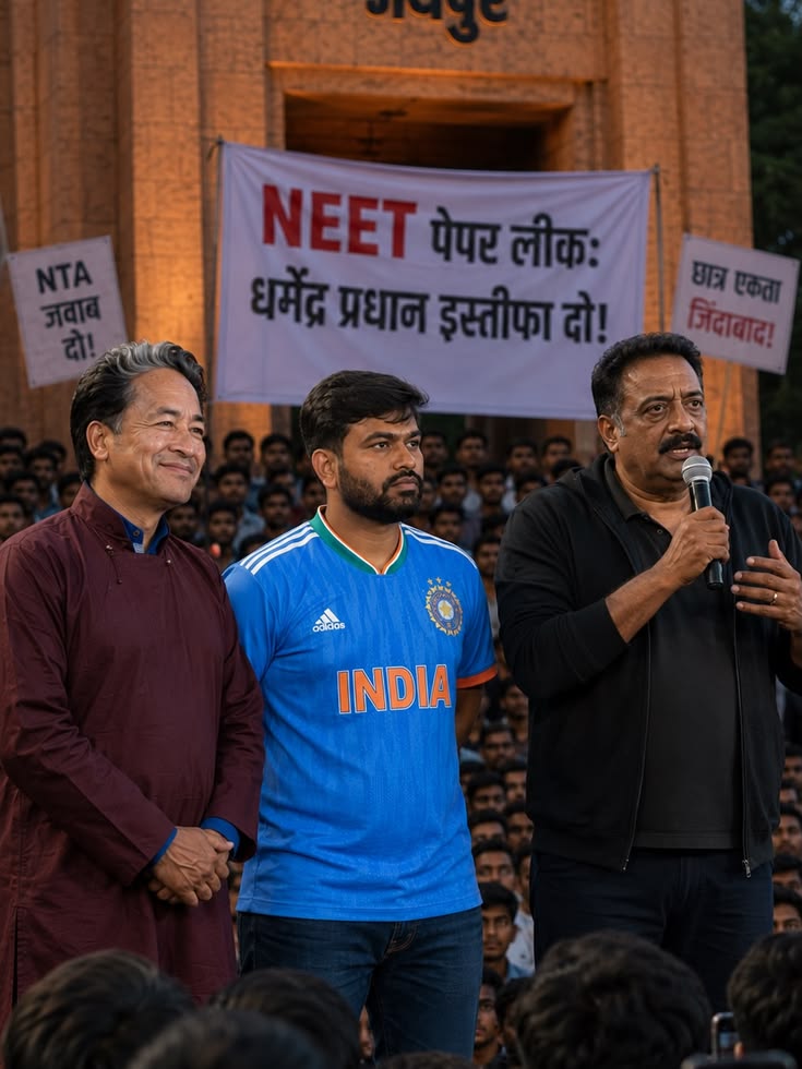 Speakers addressing the crowd at Jantar Mantar beneath a NEET paper leak banner